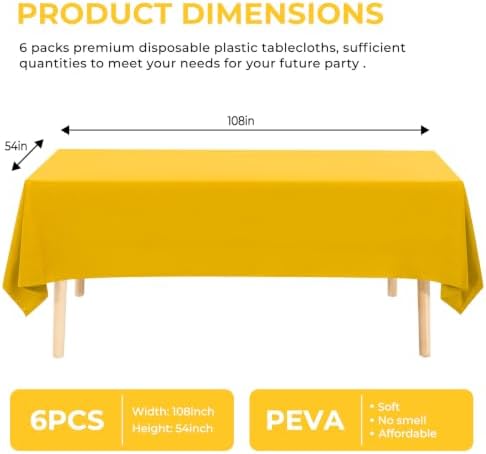 6 Pack Premium Disposable Plastic Tablecloth 54" x 108" Party Table Cloths Disposable for 6 to 8 Foot Tables Indoor or Outdoor Parties Birthdays Weddings Christmas Anniversary Buffet Table (Yellow)