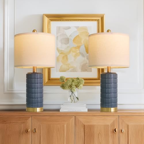 PoKat 21.5'' Bedside Table Lamps Set of 2 with USB A+C Ports for Living Room, Ceramic Modern Lamps for Bedroom, Small