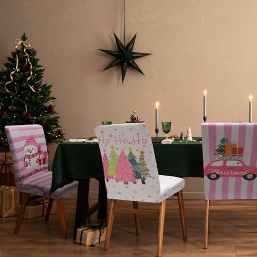 Christmas Chair Covers Set of 4, Xmas Tree Snowman Dining Chair Covers for Party Kitchen Removable Seat Cover for Chairs Christmas Decorations Indoor