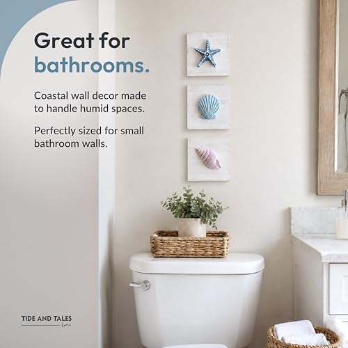 Tide and Tales 3D Beach Wall Art, Coastal Bathroom Wall Decor, Set of 3