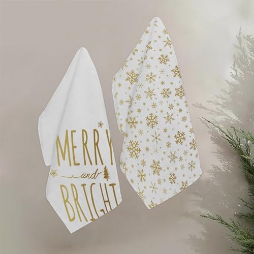JOOCAR Gold Christmas Kitchen Towels Merry and Bright Christmas Kitchen Decor Dish Towels Set of 2, 16x27 Inch Seasonal Drying Dishcloth, Gold Snowflake Decoration Hand Towels