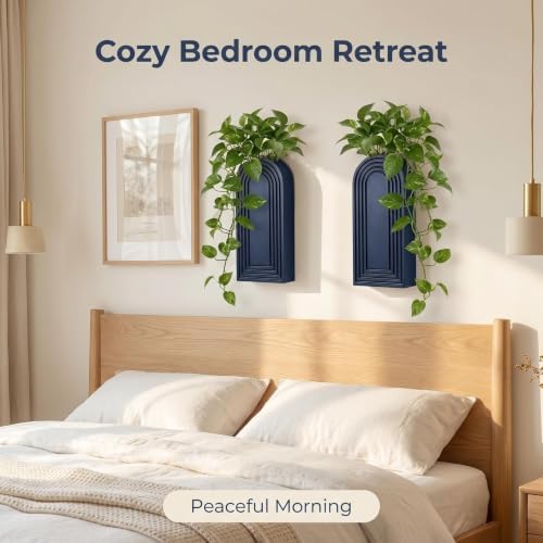 Dnnnii 2 Pack Wooden Wall Vase Set - Blue Finish Modern Farmhouse & Boho Wall Decor for Entryway, Hallway, Bathroom