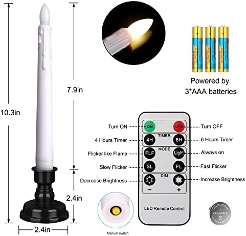 Daord LED Battery Operated Window Candle with Remote & Timer Flickering Warm Light Christmas Flameless Taper Candles for Party Holiday Wedding Home Table Decoration (Pack of 6,White+Black Holder(A))…