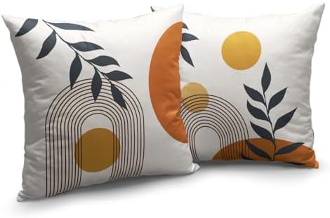 Boho Abstract Sun Pillow Covers Mid Century Modern Throw Pillow Covers Minimalist Geometric Leaf Decorative Pillow Cases Bohemian Line Art Pillowcase 18x18 Set of 2 for Outdoor Couch Patio