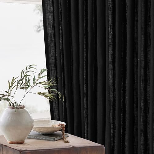 Black Pinch Pleated Linen Semi Sheer Curtains 45 Inch Length 2 Panels Set