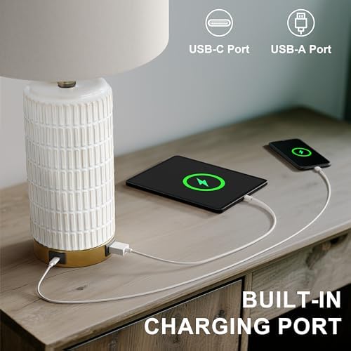 PoKat Small Bedside Table Lamps with USB Ports for Bedroom, 21.5'' White Nightstand Lamps for Night Stands, Modern