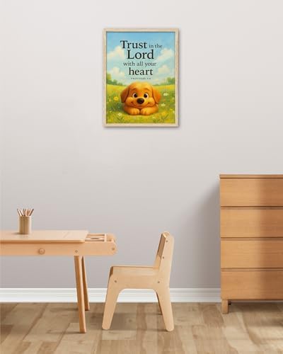 KensTro 12x16 Oak Framed Proverbs 3:5 Puppy Christian Wall Art