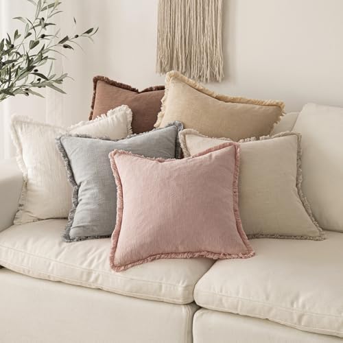 MIULEE Boho Linen Fringe Decorative Throw Pillow Covers Light Pink 18x18