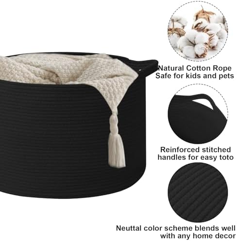 90L Extra Large Blanket Basket,Woven Rope Laundry Basket-Black