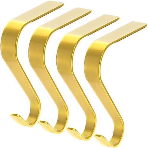 Christmas Stocking Holders For Mantle Set 4, Non-Slip Gold Fireplace Hooks