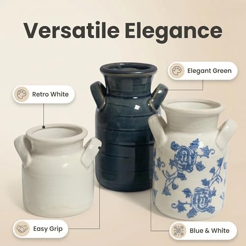 Ceramic Vase Set of 3 with Two Handles, Blue White Neutral Rustic Modern Farmhouse Boho Decor, Versatile as Table