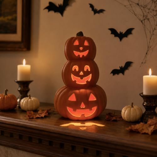 Evelyne Stacked Jack-O’-Lantern Pumpkin Decoration – 3-Tier Light-Up Halloween Gourd HDPE Plastic – Indoor/Outdoor Fall Decor with Happy Ghost Faces – Cute Pumpkin Tower for Porch Tabletop