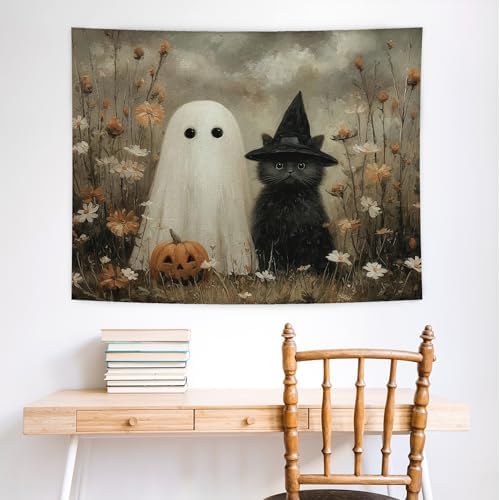 WHCHJ Halloween Ghost and Black Cat Tapestry, Gothic Witchy Cat Tapestry Wall Hanging, Whimsical Wildflower Spooky Tapestries Wall Blanket Decor for Party Home Bedroom Living Room Dorm, 50x60 Inch