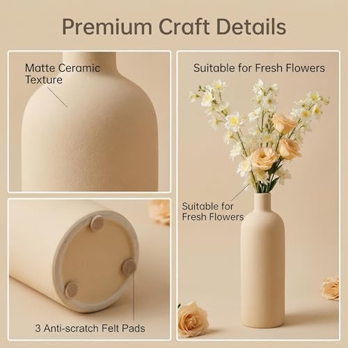 Ceramic Vase / Rustic Farmhouse Decorative Flowers Vases for Bouquet / Beige / Set of 4
