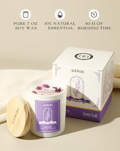 AOOVOO Lavender Scented Candles for Women - Aromatherapy Candle with Crystals Inside, 7oz Soy Candles for Home Scented