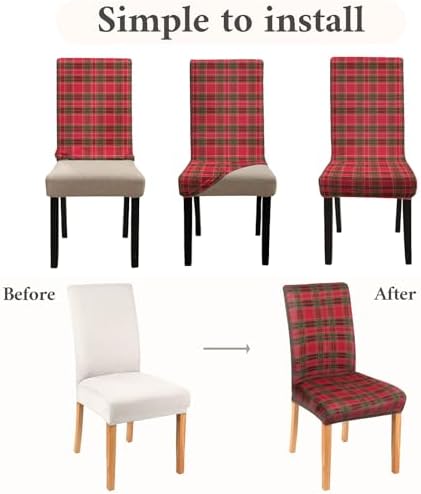 4Pcs Christmas Plaid Chair Covers Set - Stretch Elastic Edge, Removable Red Chair Protectors, Suitable for Dining Room/Kitchen Chairs