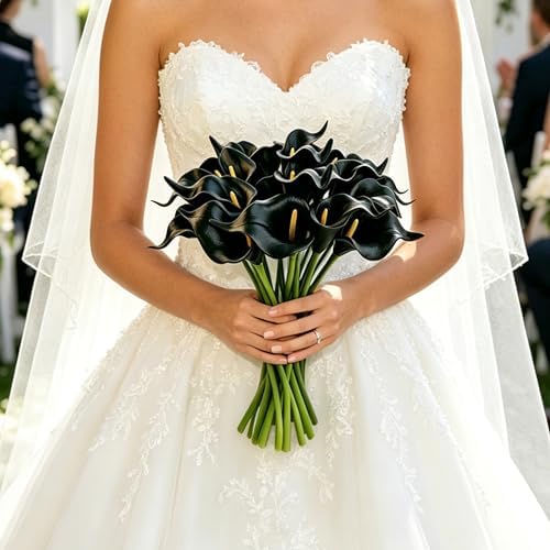 YOOHUA 13PCS Artificial Calla Lily Black Flowers for Wedding Halloween Bouquet Flower Home Decoration Faux Calla Lilies Flower, Black