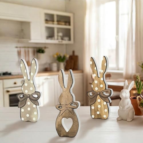 Wooden Easter Bunny Block Decor Set - 3-Piece Rustic Polka Dot Bunny with Bow Design, Farmhouse Style Tabletop Shelf Accents for Spring Holiday Home Decoration