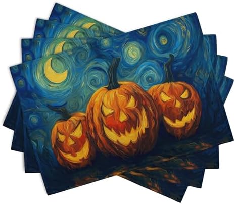 Halloween Placemats Set of 4 Pumpkin Vincent Van Gogh Starry Night Art Linen Table Mats 12x18 Inch Jack O Lantern Farmhouse Place Mats for Party Kitchen Dining Outdoor Indoor Decor