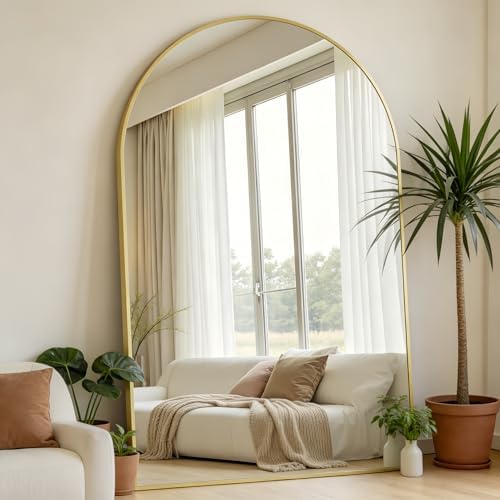 Prywot Full Length Mirror, Oversized 90"x46" Arched-Top Floor Mirror, Gold