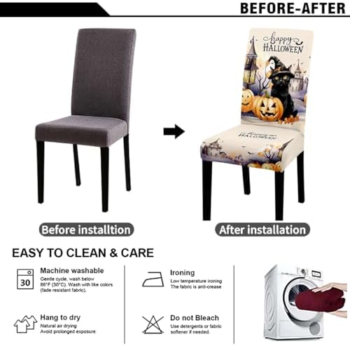 Halloween Dining Chair Covers Set of 4-Only Chair Covers,Stretchable Parsons Chair Slipcovers 4 Pieces Pumpkin Castle Black Cat Pattern Chair Covers for Kitchen Dining Room,Beige