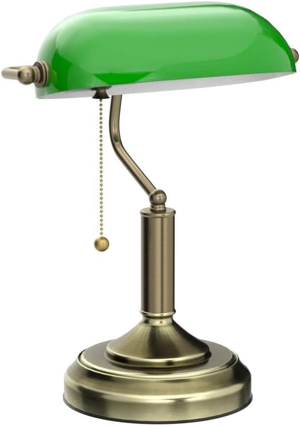 TORCHSTAR Green Glass Bankers Desk Lamp with Pull Chain, E26 Base | Brass Finish Base, Antique Traditional Library Lamp