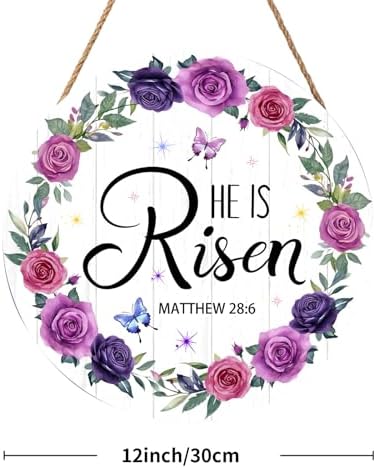 Harooni Easter Wall Hanging Decoration Sign, 12x12 Inch, He is Risen Wreath, Floral, Vertical, Unframed, Wooden, Indoor and Outdoor, Religious Holiday, Entryway