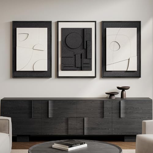Large Framed Black and White Modern 3D Abstract Wall Art Set