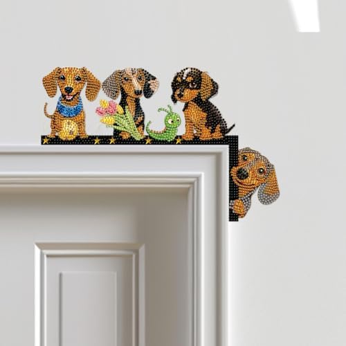 DIY Flower Dogs Dachshund Diamond Art Painting Door Corner Decor, Right Wooden Frame Door Topper Signs with Animal Designs for Holiday Home, Festive Wall Hanging Gift for Family