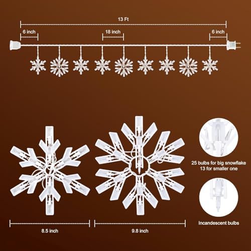 Minetom Snowflake Christmas String Lights with 9 Drops - 13ft 150 Mini Bulb Icicle Lights with Clips, Plug-in Connectable Hanging Lights for Front Porch House Tree Decor Holiday Décor