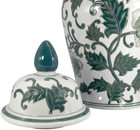 Galt International Green Blossom Floral Chinoiserie Ceramic Temple Jar 18" w/Lid - Ginger Jar Home & Kitchen Decor for
