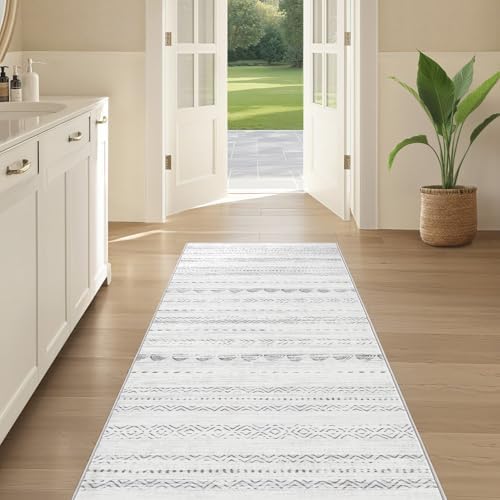 Nakagishi Runner Rug Kitchen Washable Rugs: 3x8 Non-Slip Boho Soft Modern Stain Resistant Indoor Floor Neutral