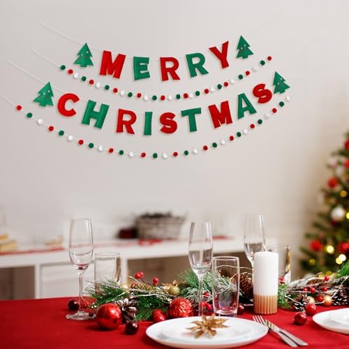 Mindsoft 4 Pcs Felt Merry Christmas Banner Pom Pom Garland for Mantel