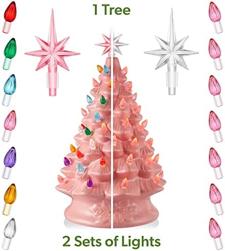 Casafield Hand Painted Ceramic Christmas Tree, Pink 15-Inch Pre-Lit Tree with 128 Multi Color Lights and 2 Star Toppers