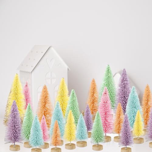 Soulchen 30 Pcs Pastel Mini Christmas Trees, Bottle Brush Village Decor
