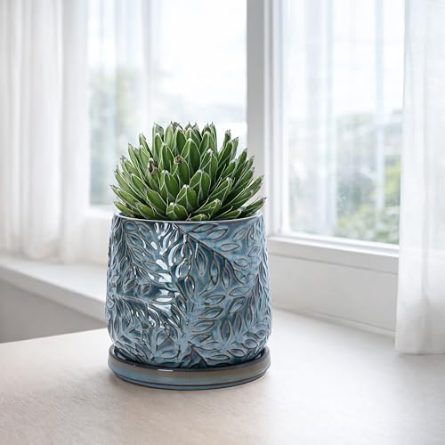 D'vine Dev Embossed Leaves Ceramic Planter, 5 in, Ocean Teal, 27-A-V-8