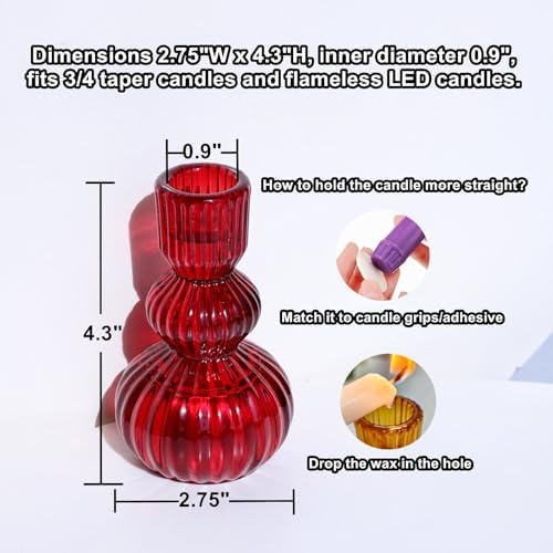 Woho 3pcs Red Taper Candle Holders Glass, Candlestick Holders for Christmas