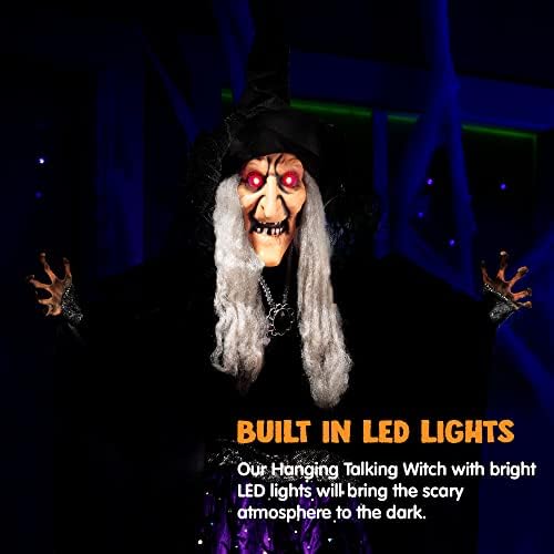 JOYIN 47” Animated Witch Halloween Decorations Outdoor Indoor, Scary Halloween Animatronics Decor, Hanging Ghost Talking Sound Activated Led Lights Eyes Haunted House Yard Garden Lawn
