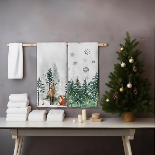 Winter Decor Deer Green Tree Snow Christmas Kitchen Towels,16x24 Inches Set of 2,Tea Towels Dish Towels Hand Towels for Home Kitchen Farmhouse Bathroom Decor.(027)