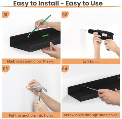upsimples Floating Shelves for Wall Decor and Storage, Black, 6Pcs 47.3''