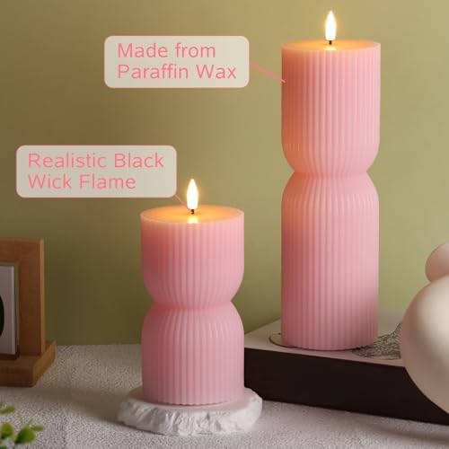 Pink Ribbed Flameless Pillar Candles with Remote Set of 2