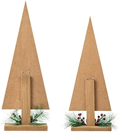 glitzhome Tabletop Wooden Christmas Tree Set of 2 with Pinecones and Berries for Xmas Holiday Home Decorations, 19" H, Green