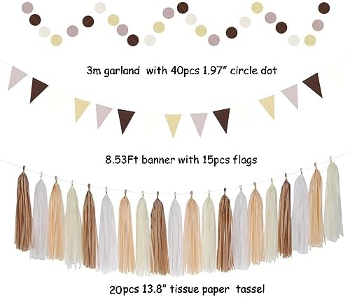 Boho Baby-Shower White-Brown Champagne Fall Party-Decorations - 33pcs Banner,Streamers Tassel Garland,Tissue Pom Poms Honeycomb,Paper Lantern Fan,Autumn,Bridal,Christmas,Birthday,Wedding Decor Hugtmr