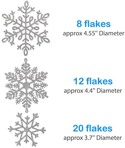 Whaline 40Pcs Silver Glitter Snowflake Winter Snowflake Ornaments Christmas Hanging Decorations with 197 Inches Silver Rope for Wedding Birthday Home Xmas Tree Window Door Accessories