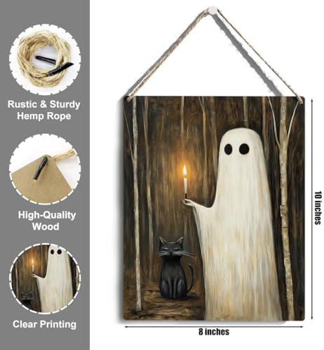 Cute Halloween Decorations Indoor - Funny Ghost & Black Cat Wooden Hanging Sign - Farmhouse Home Shower Room Decor