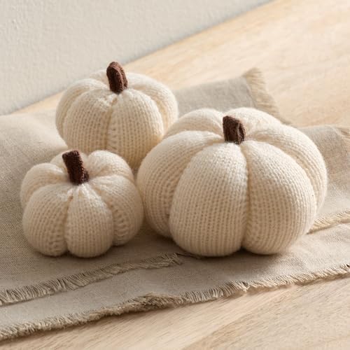 Cozy Mini Knit Set of 3 Ivory Pumpkins (Snowdrop Multi-Size Set)