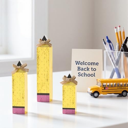 Smile Back to School Wooden Tabletop Decor - Pencil Shaped Desktop Signs - Classroom & Home Office Decorations Gift