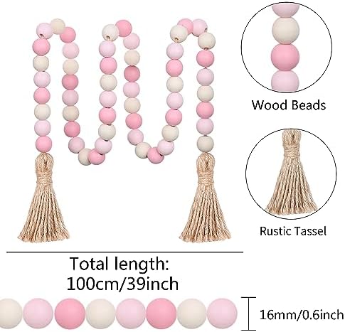 Meplait Wood Bead Garland, 39in Decorative Tassels Garland, Pink&Natural