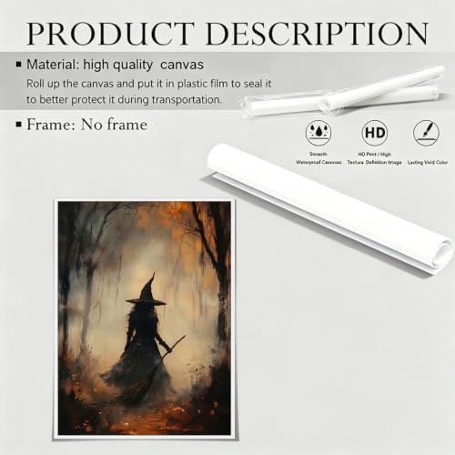 ILLBDR Halloween Witch with Broomstick Canvas Wall Art Poster 16x24 inch