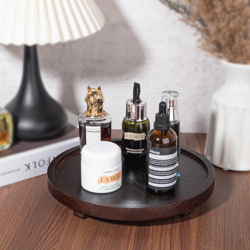 Round Decorative Tray Wood Bathroom Counter Organizer Farmhouse Kitchen Decor / Walnut / Set of 10